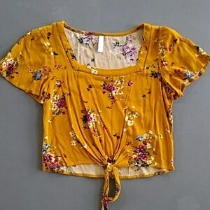 Target Xhilaration Mustard Floral Tie-Front Blouse